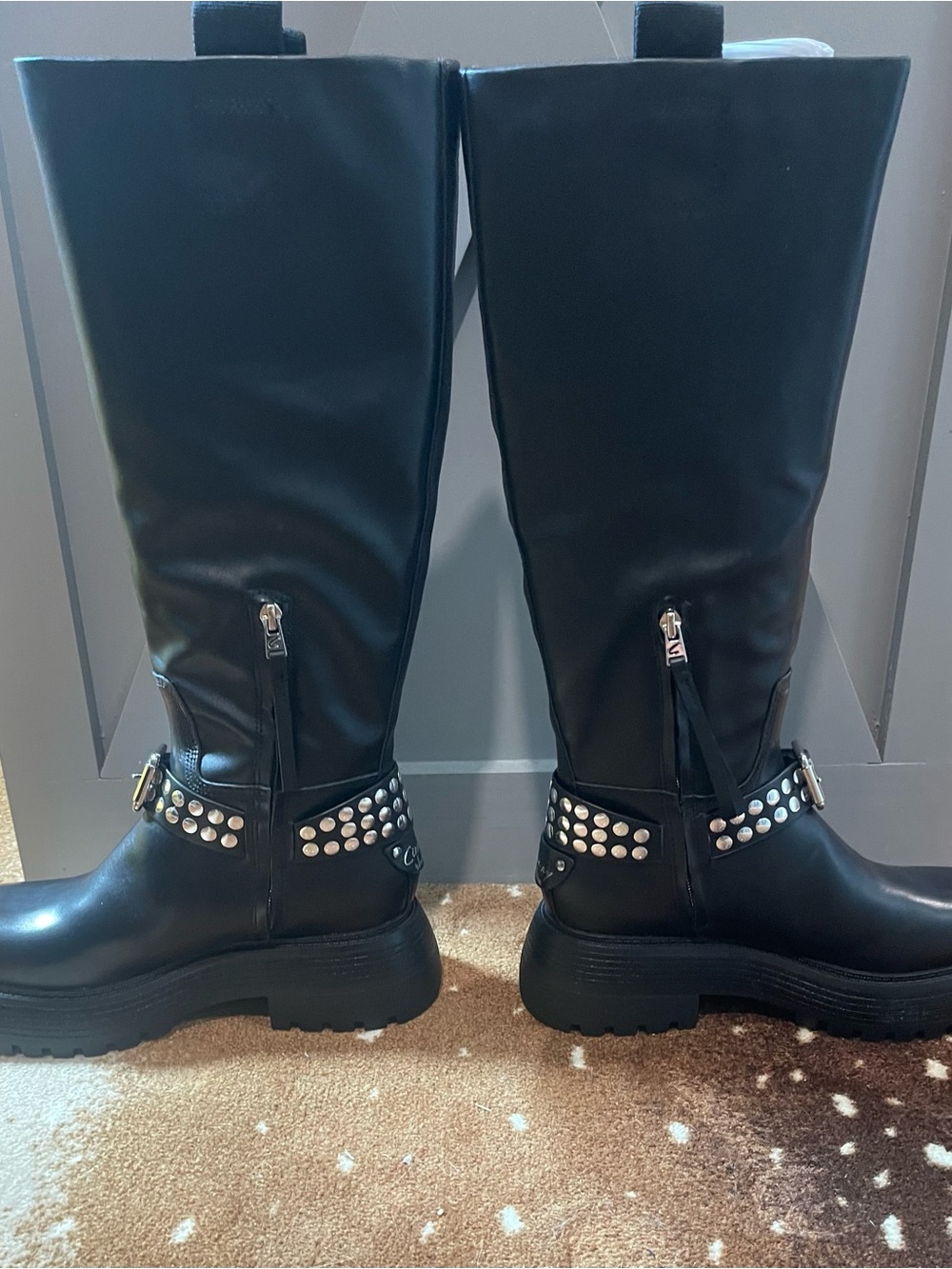 NEW! Circus by Sam Edelman Black Leather Studded Knee-High Hayes Lug Boots 7.5